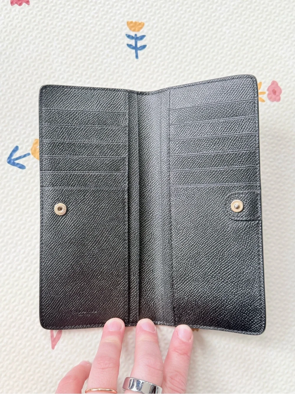 Coach Black Leather Continental Button Wallet with Gold Logo